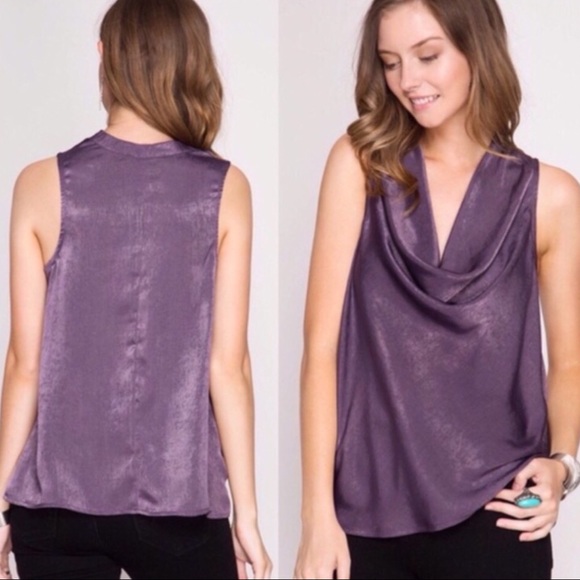 Tops - Purple Satin Cowl Neck Blouse